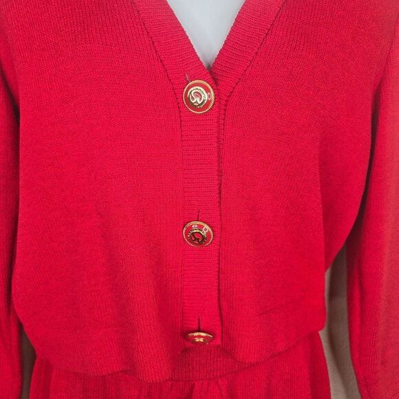 Vintage St John Santana Knit Skirt Sweater Set Womens 4 Red Gold Buttons - Picture 5 of 13